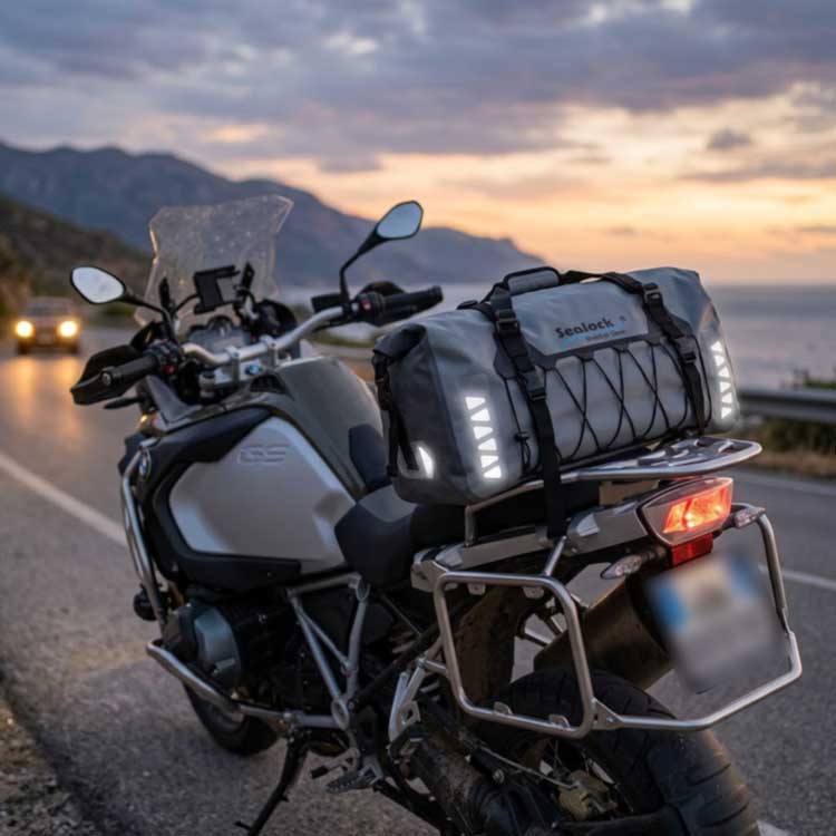 Sealock 40L waterproof rear bag mounted on motorcycle rear rack for long-distance riding