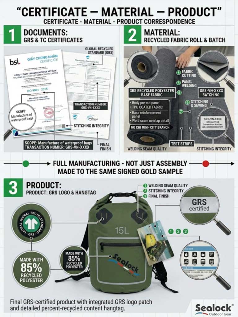 GRS certificate and transaction certificates alongside the certified recycled fabric roll and the finished product with recycled content stated